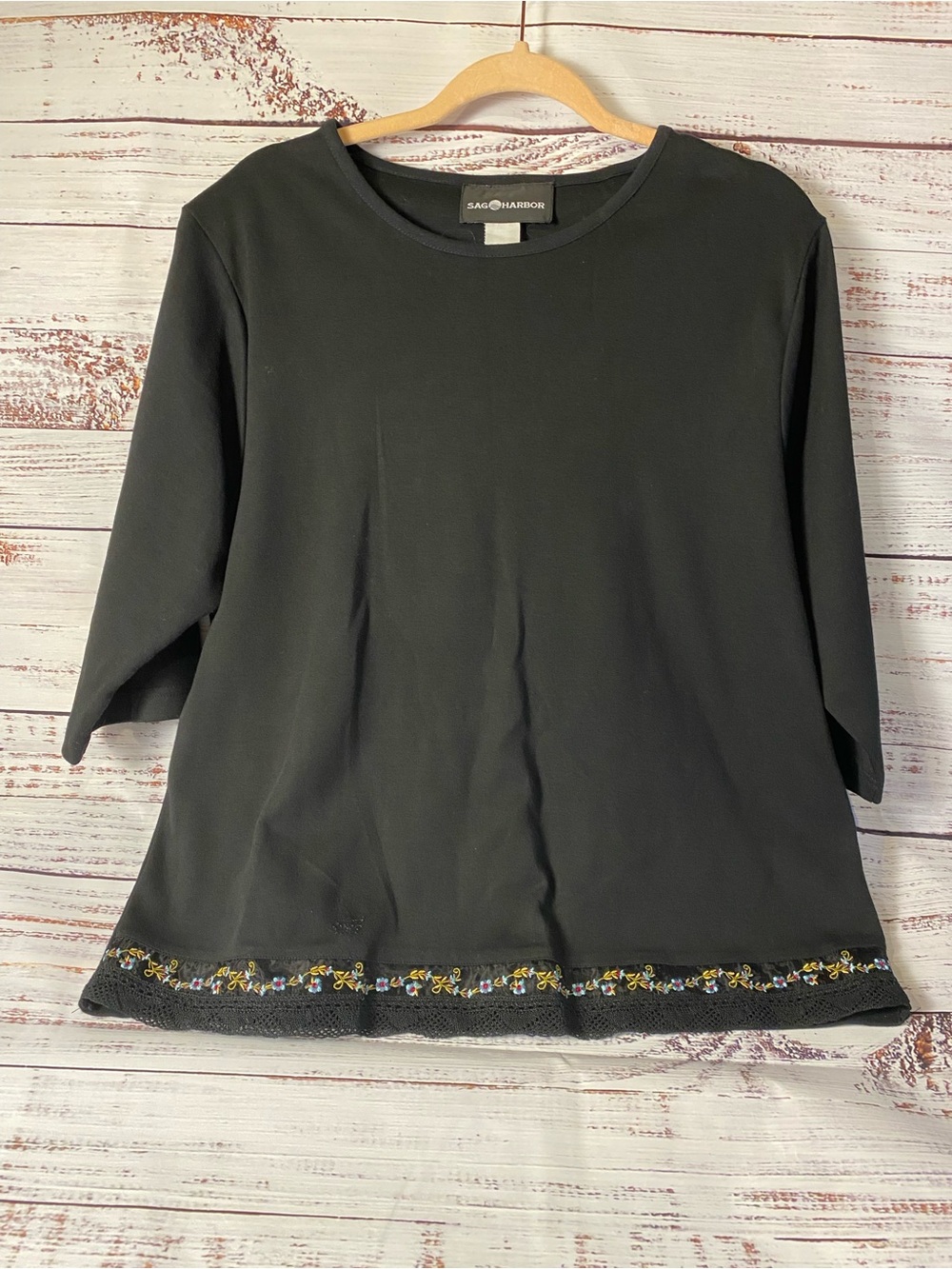 90’s Sag Harbor Black 3/4 Sleeve Top with Floral Embroidered Hem Sz-XL